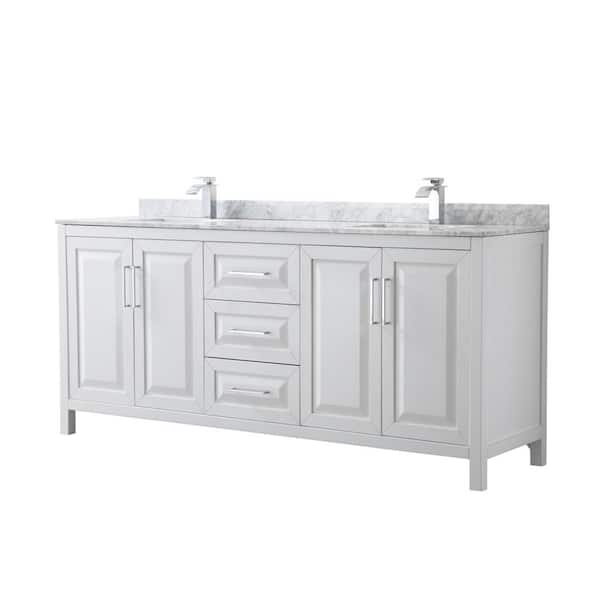 Wyndham Collection Daria 80 in. Double Bathroom Vanity in White with Marble Vanity Top in Carrara White with White Basin
