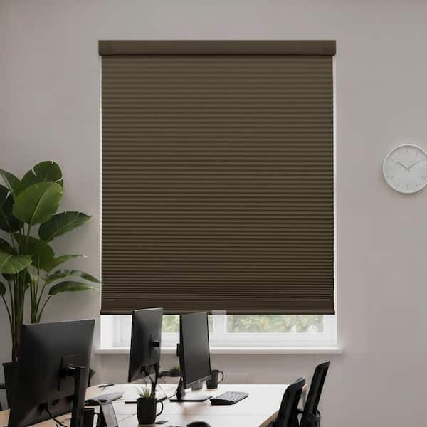 EZ Grip No Drill No Tool Dark Coffee Cordless Blackout Polyester 3/8” Cellular Shades - 34 in. W x 64 in. L