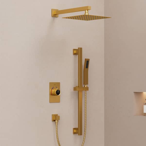 2-Spray Wall Mount 10 in. Dual Fixed and Handheld Shower Head with Slide Bar in Brushed Gold Valve Included