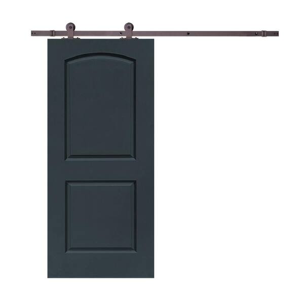 CALHOME 30 in. x 80 in. Charcoal Gray Stained Composite MDF 2-Panel Round Top Interior Sliding Barn Door with Hardware Kit