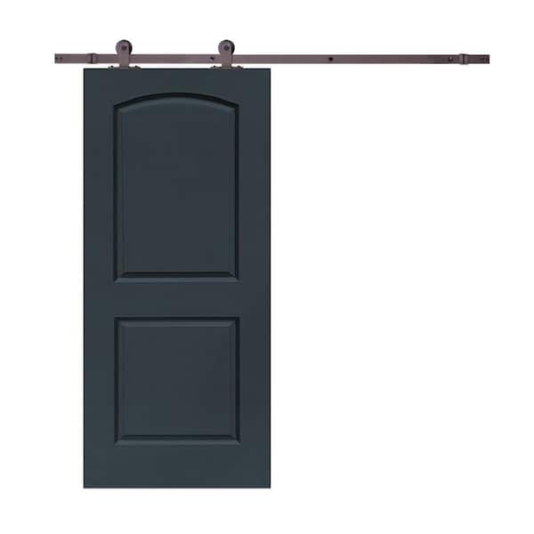 CALHOME 30 in. x 80 in. Charcoal Gray Stained Composite MDF 2-Panel Round Top Interior Sliding Barn Door with Hardware Kit
