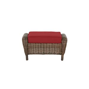 Cambridge Brown Wicker Outdoor Patio Ottoman with CushionGuard Chili Red Cushions