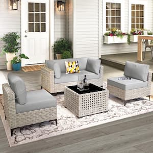 Apollo 5-Piece Wicker Outdoor Patio Conversation Seating Set with Gray Cushions