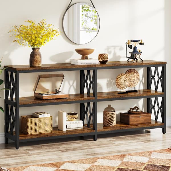 Benjamin 70.87 in. Rustic Brown Rectangle Wood Console Table with Storage Shelves