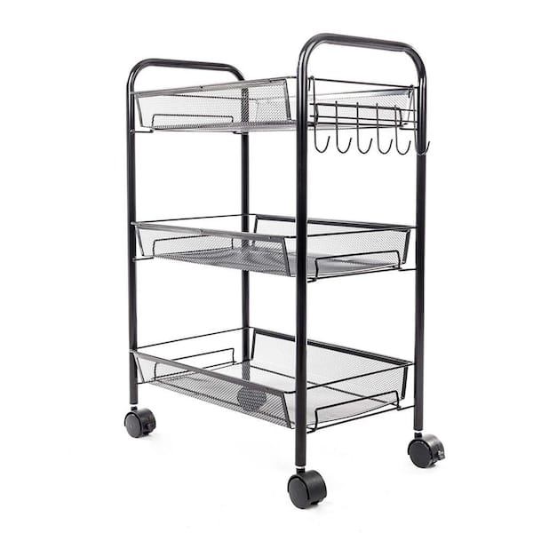Unbranded Three Tiers Black Kitchen Cart with Hook