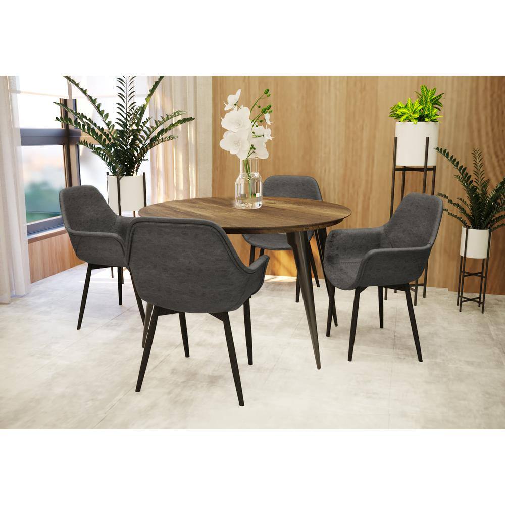 5-Piece Dining Set 47 in. Round MDF Wood Dining Table with 4 Leather Dining Chairs in Stainless Steel, Brown/Black