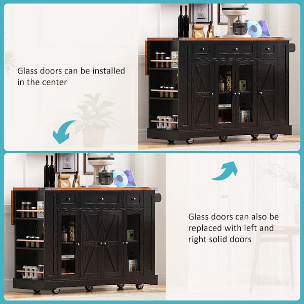 RKZHOPT Black Engineered Wood Top 53 in. Kitchen Island on 5