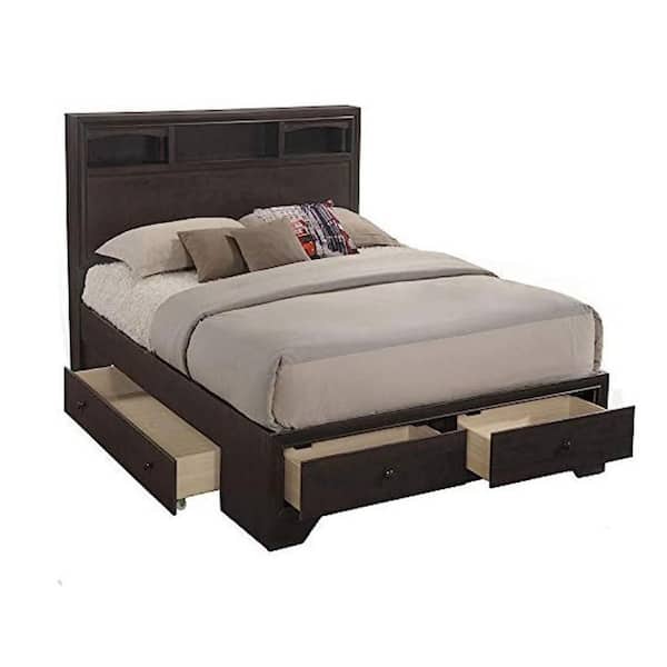 Benjara Brown Wood Frame Queen Size Platform Bed with 4-Storage Drawers