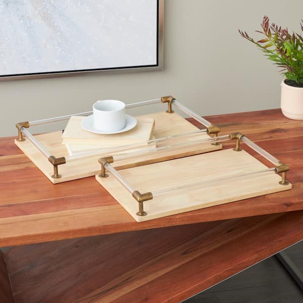 Litton Lane Light Brown Mango Wood Decorative Tray with Copper Metal Edges and Acrylic Sides (Set of 2)