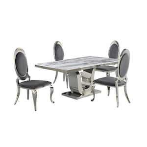 Ada 5-Piece White Marble Top With Stainless Steel Base Table Set With 4-Dark Grey Velvet Oval Back Chairs