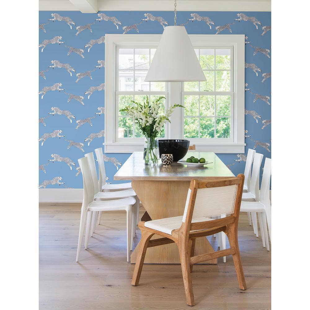 Sky Blue Vinyl Peel and Stick Wallpaper with Leaping Cheetah Design