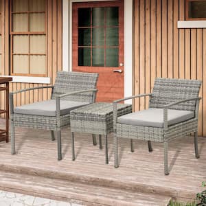 Gray 3-Piece Wicker Bistro Patio Conversation Set for Porch, Backyard and Garden with Gray Cushions