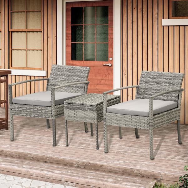 JUSKYS Gray 3-Piece Wicker Bistro Patio Conversation Set for Porch, Backyard and Garden with Gray Cushions