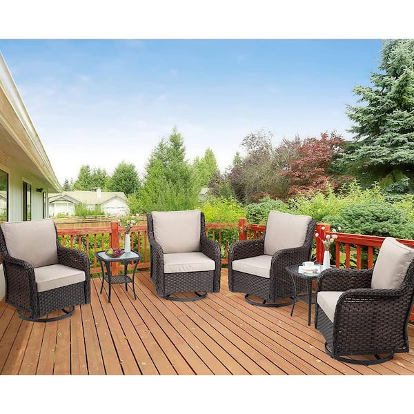 AndMakers Black 3-Piece Outdoor Rattan Outdoor Bistro Set with Beige Cushions and Armored Glass Top Side Table