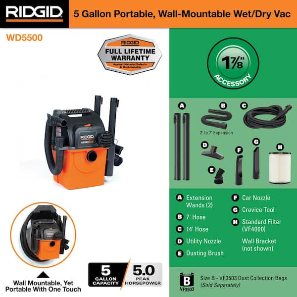 RIDGID 5 Gallon Locking The Peak Two and Accessories Wall-Mountable 5.0 Wet/Dry WD5500 Shop HP Filter, with Vacuum Portable - Depot Home Hoses