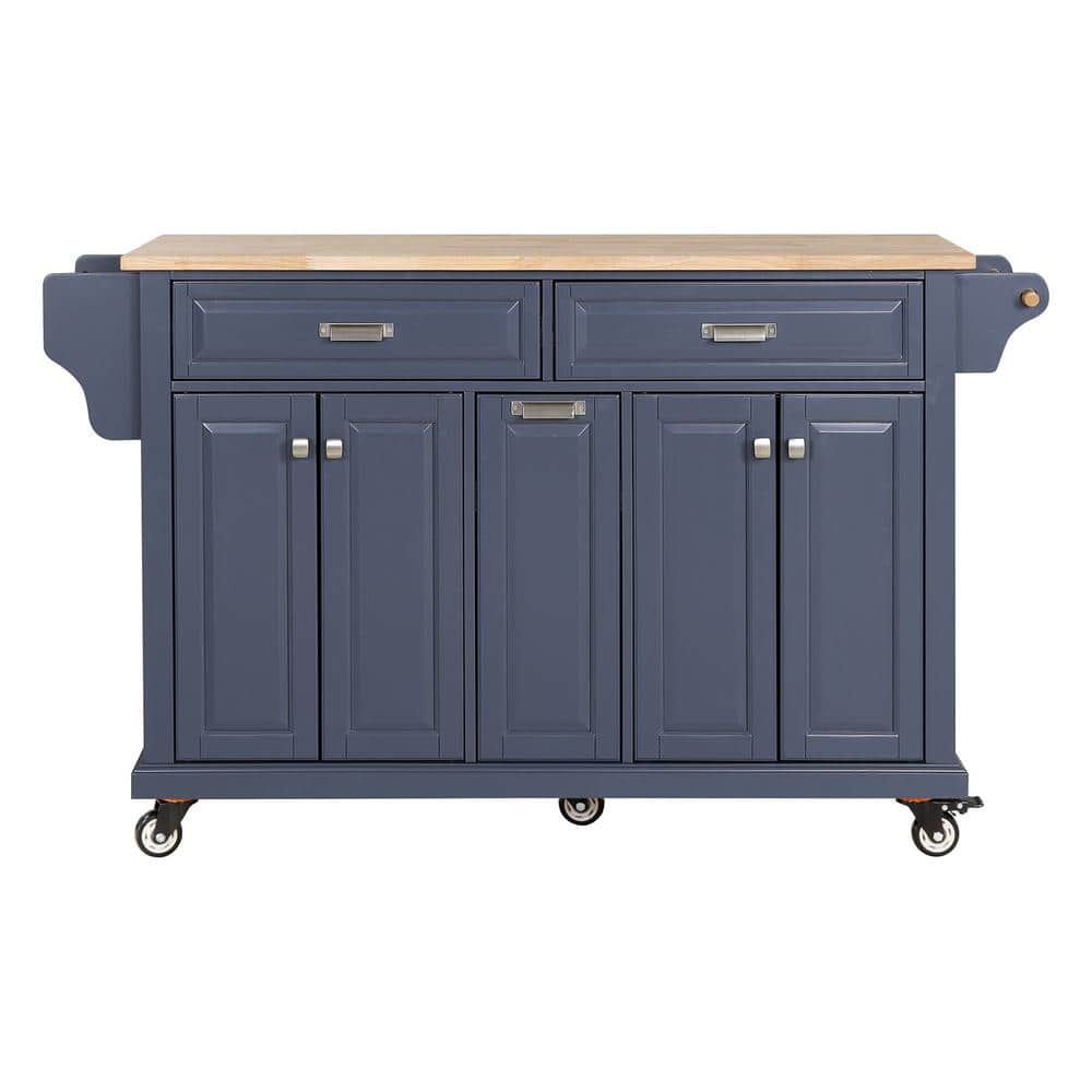 Blue Rubber wood Kitchen Cart with Towel Rack and Spice Rack