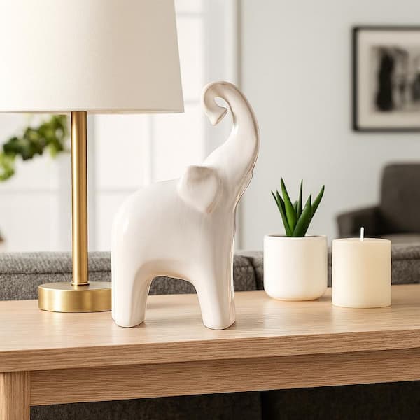 Cream 6 in. x 11 in. Ceramic Elephant Figurine