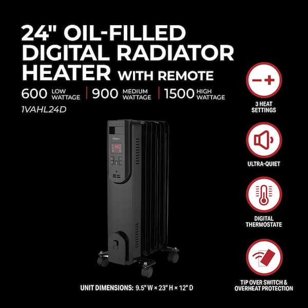 VISIONAIR 24 in. 600-Watt/900-Watt/1500-Watt Digital Electric Oil-Filled  Radiant Heater with Remote 1VAHL24D - The Home Depot