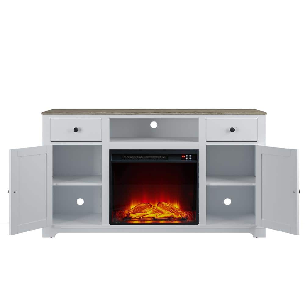 65" Off-White Farmhouse TV Stand with Electric Fireplace