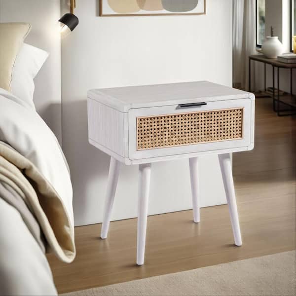 Benjara Camy 22 in. White and Brown Rectangle Wooden End Table with Cane Woven Drawer