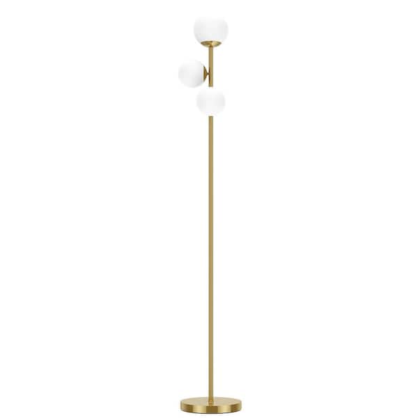 65.7 in. Gold Modern Globe 3-Light Tree Floor Lamp with Foot Switch and Frosted Glass Shades