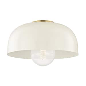 Avery 1-Light 14 in. W Aged Brass Semi-Flush Mount with Cream Metal Shade