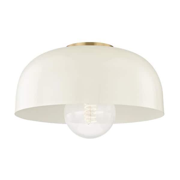 MITZI HUDSON VALLEY LIGHTING Avery 1-Light 14 in. W Aged Brass Semi-Flush Mount with Cream Metal Shade