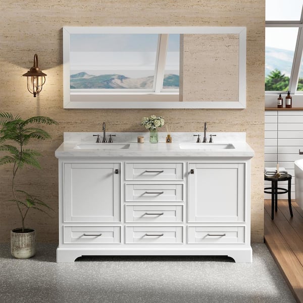 eclife 60 in. W x 21.7 in. D x 33.5 in. H Double Sink Freestanding Bath Vanity in White with White Ceramic Top(Assembled)