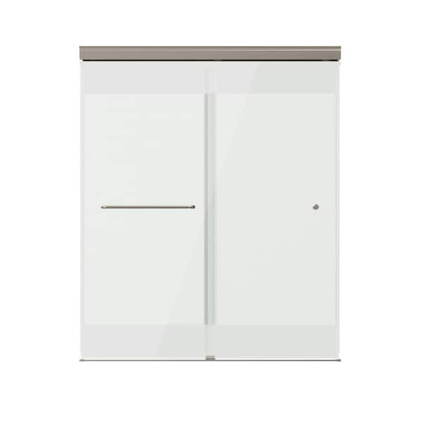 Portwood 52 to 60 in. W x 70-1/4 in. H Semi-Frameless Sliding Shower Door in Nickel with 1/4 in. Privacy Glass