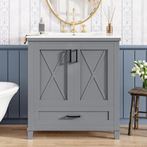 30 in. W Single Sink Freestanding Gray Bath Vanity with White Ceramic Top Dual Storage Shelves (Unassembled)