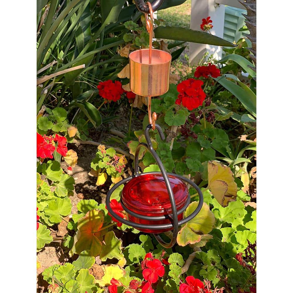Circular Red Glass and Black Metal Hanging Hummingbird Feeder
