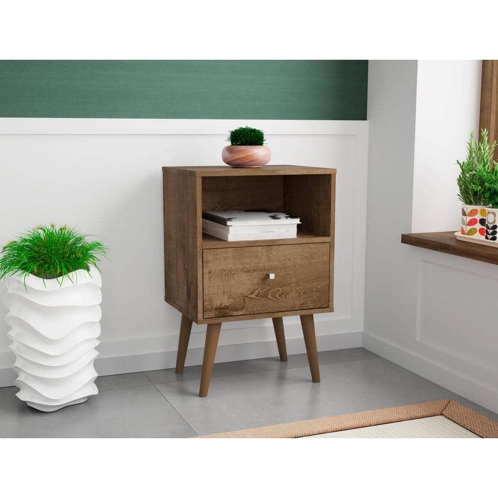 Liberty 1.0 Rustic Brown Mid-Century Modern Nightstand with Metal Handle