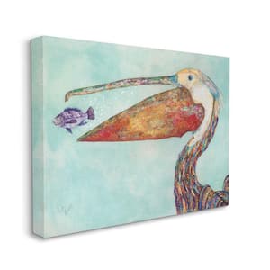 "Pelican's Lost Supper Fish and Patterned Feathers" by Lisa Morales Unframed Animal Canvas Wall Art Print 16 in x 20 in