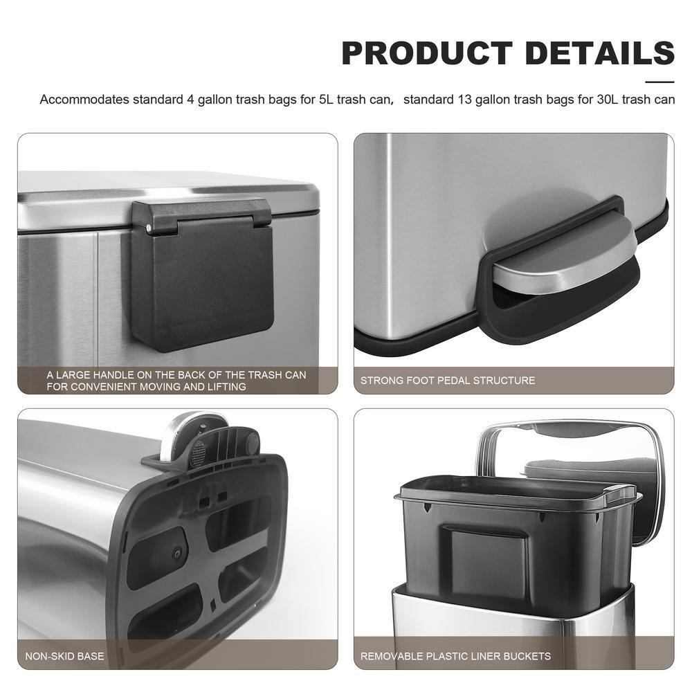 Fingerprint Resistant Brushed Stainless Steel Step-On Trash Can Set