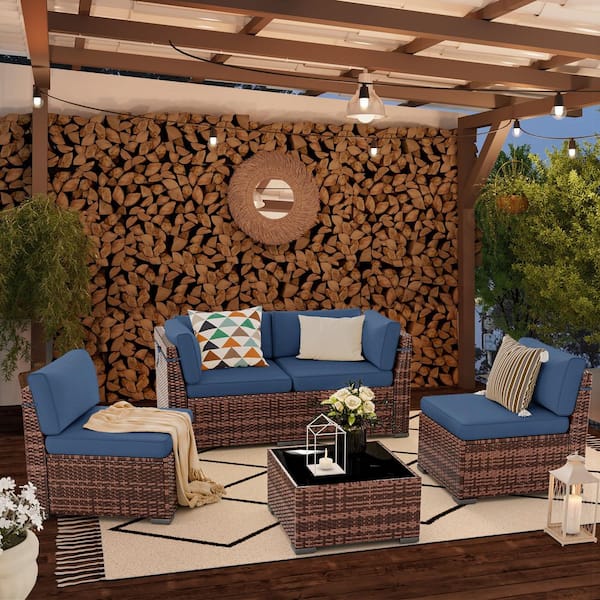 5-Piece Brown Wicker Patio Conversation Seating Set with Navy Blue Cushions