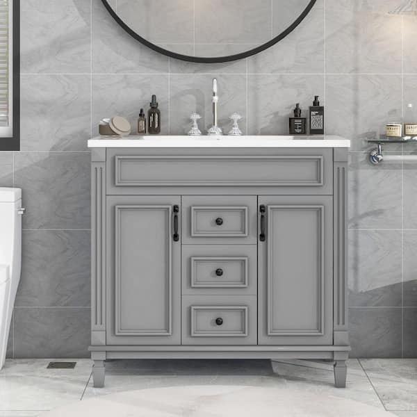 36 in. Single Sink Freestanding Gray Bath Vanity with White Ceramic Sink Top