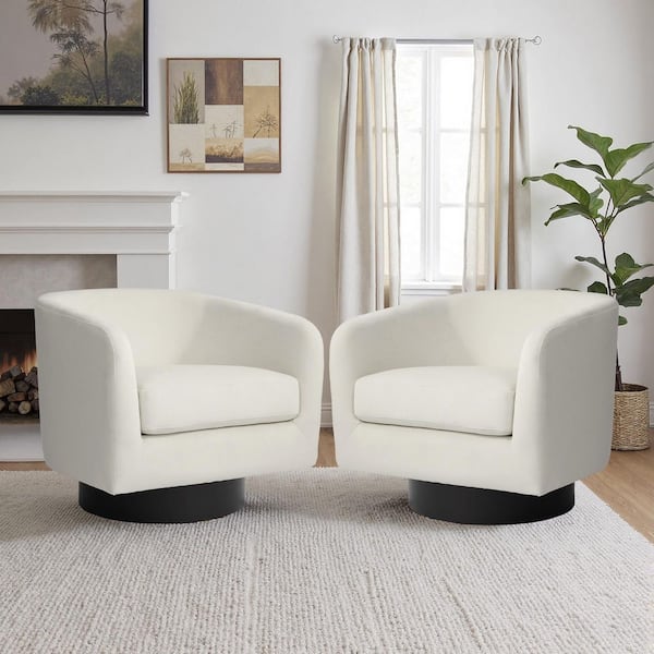 Ivory Velvet Upholstered 360°Swivel Accent Barrel Chair with Wood frame(Set of 2)