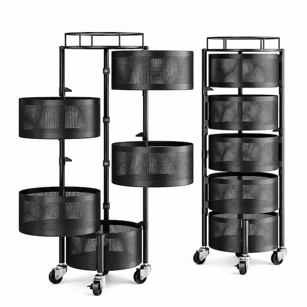 5 Tier Rotating Storage Rack Cart with Wire Fruit and Vegetable Baskets on Wheels, Metal Top Lid, Large Black