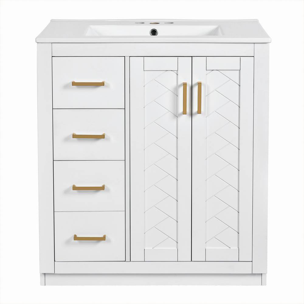 30 in. Freestanding White Bath Vanity with White Ceramic Top, Bathroom 3 Drawers and 2 Door Storage Cabinet Unassembled price history on PriceWatchPro