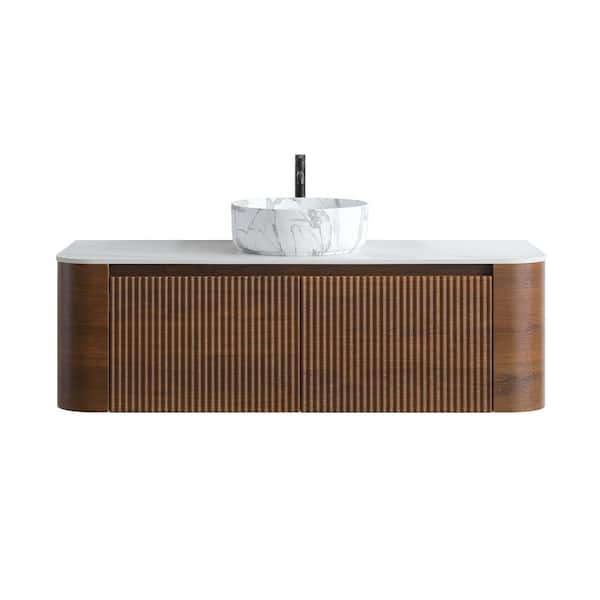 48" Walnut Bathroom Vanity Single Carrara White with Ceramic Sink,Wall-Mounted Cabinet&Towel Rack(No Faucet/Drain)