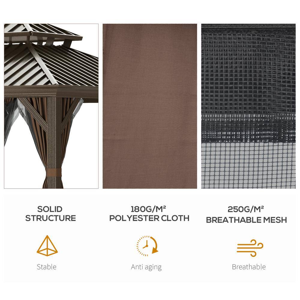 Outsunny 12' x 12' Coffee Aluminum Hardtop Patio Gazebo with Netting & Curtains