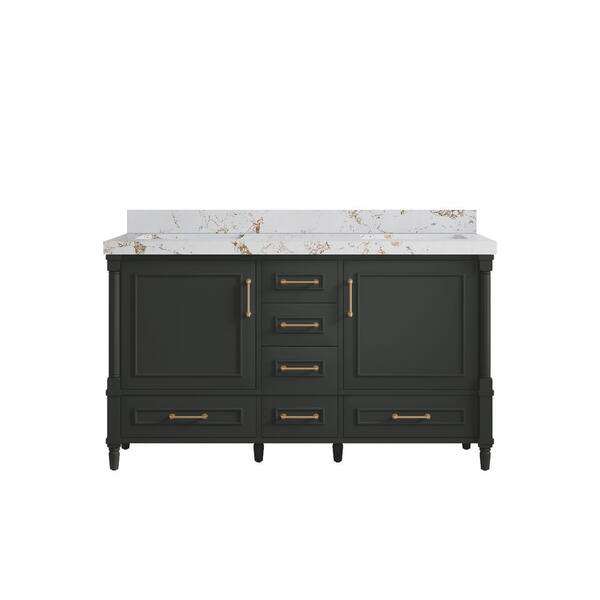 Willow Collections Hudson 60 in. Double Sink Freestanding Black Top Bath Vanity with Viola Gold Quartz Top Unassembled
