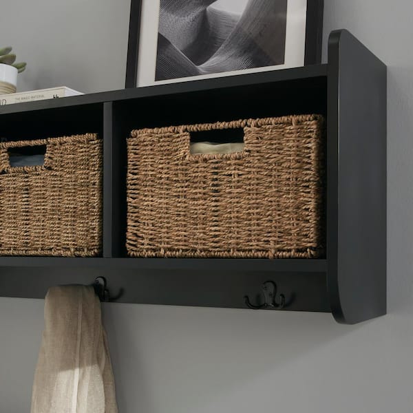 Wood And Metal Wire Cubby Wall Shelf With Hooks