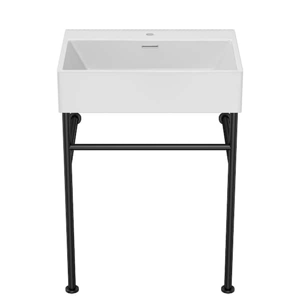 24 in. Ceramic White Single Bowl Console Sink with Basin and Black Leg