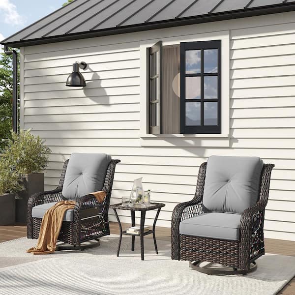 Bestier 3-Piece Wicker Patio Conversation Deep Seating Set with Gray Cushions and LED Lights