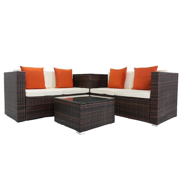 maocao hoom 4-Piece Wicker Patio Conversation Set with Beige Cushions