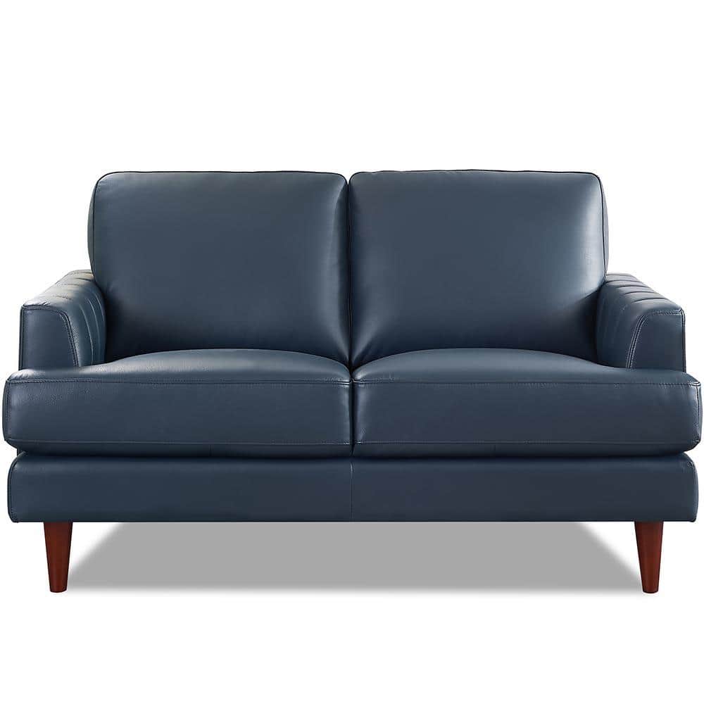 Cassia 57 in. Navy Blue Solid Top Grain Leather 2-Seater Loveseat with Remo