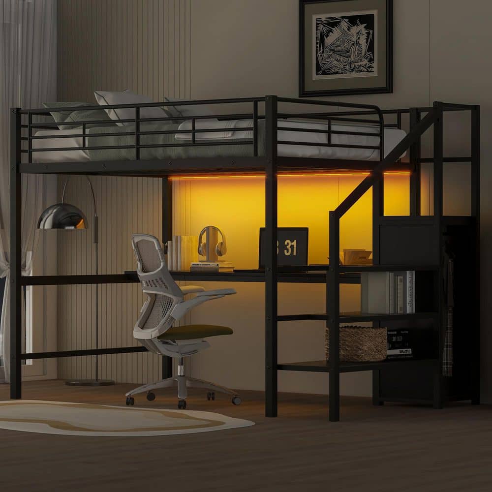 Harper & Bright Designs Black Full Size Metal Loft Bed with Built-in ...