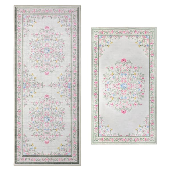 Bennetts 2 ft. X 5 ft. Ivory Pink Oriental Machine Washable Rug Set