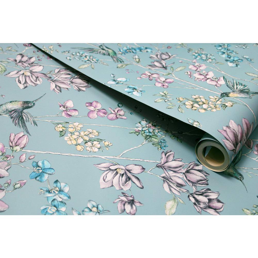 Teal Non-Pasted Hummingbird Trail Wallpaper with Glitter Highlights